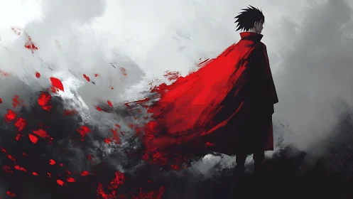 Lone warrior in crimson cloak stands amid swirling gloom.