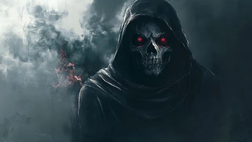 Red-eyed reaper in stormed mist, cloaked in midnight dread.