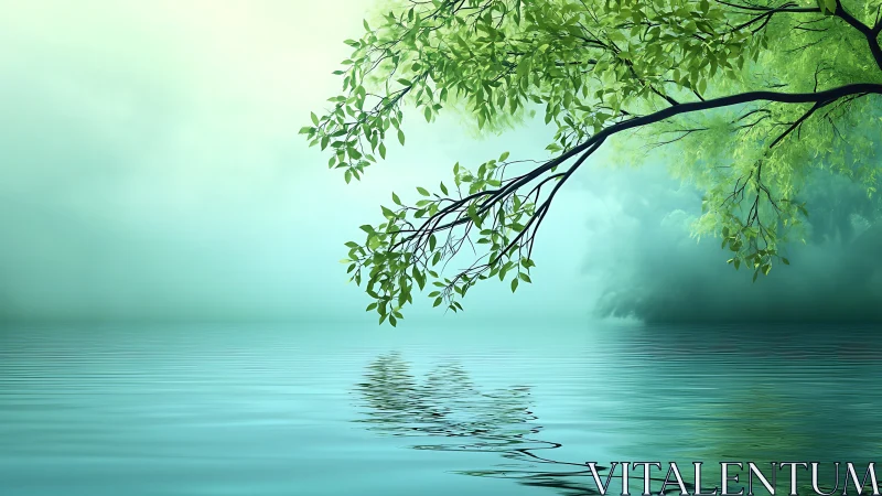 Gentle green branches resting over a calm turquoise lake.