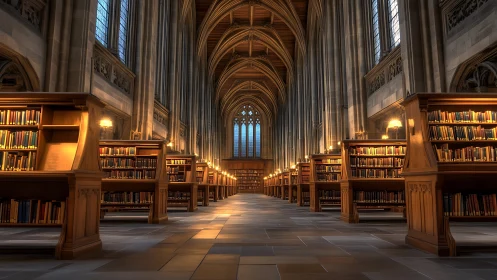 Gothic style library interior with symmetrical wooden stacks.
