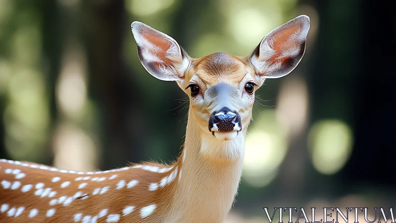 Photorealistic portrait of a spotted fawn in soft forest bokeh.