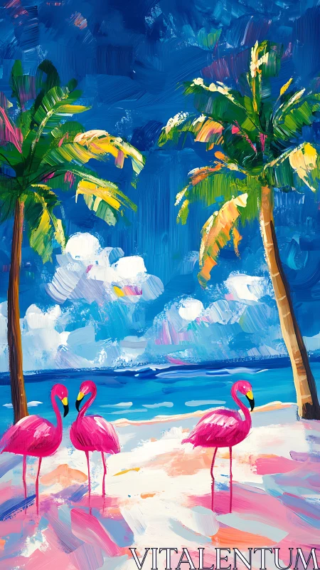 Vibrant flamingos stroll beneath palm trees on a sunny shore