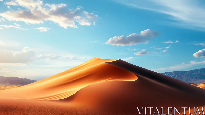 Sunlit desert dune with clear sky and distant ridge line.