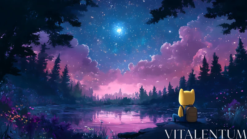 Stargazing cat explorer beside reflective forest lake.