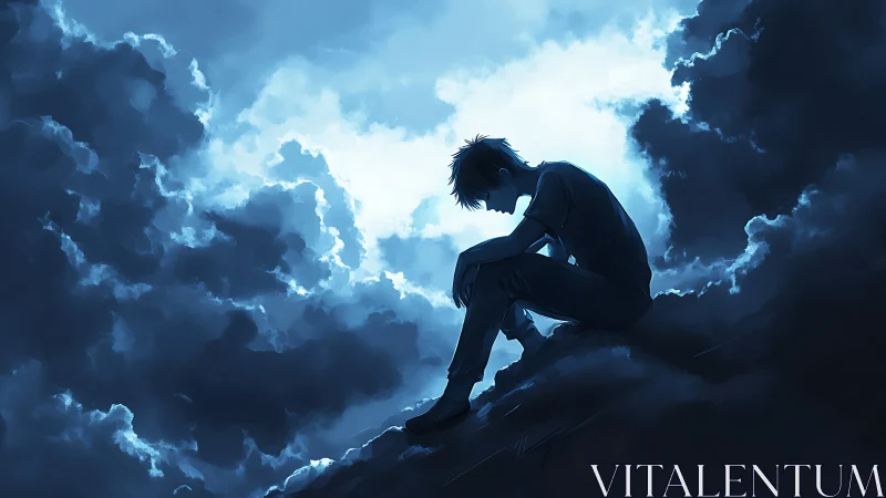 Silhouetted figure seated on ridge within dense blue clouds.
