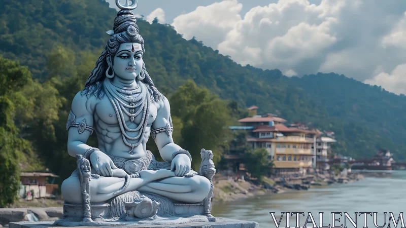 Riverbank Shiva statue listens quietly to the mountain wind