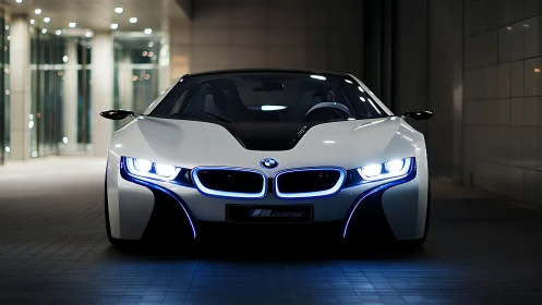 White BMW coupe showcases blue LED trim in night tunnel.