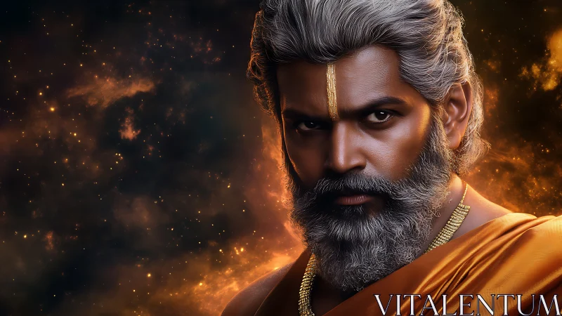 Digital portrait of elder man in saffron robe, cosmic backdrop.