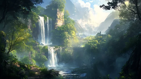 Digital painting of tiered jungle waterfalls with misty depth.
