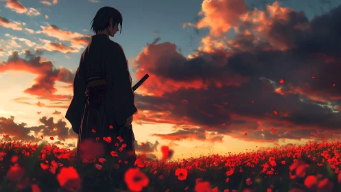 Silent samurai gazes over glowing poppy field at dusk