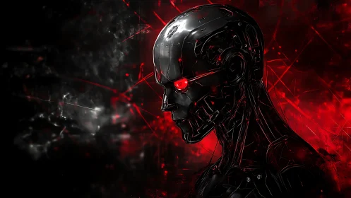 Cybernetic skull glows in crimson haze of a hostile future