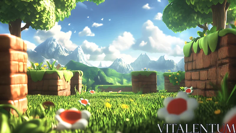Stylized 3D grassy landscape with brick platforms and trees.