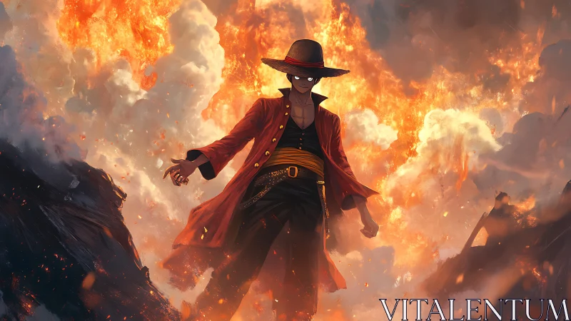 Flame-wreathed wanderer strides through a sky of embers.