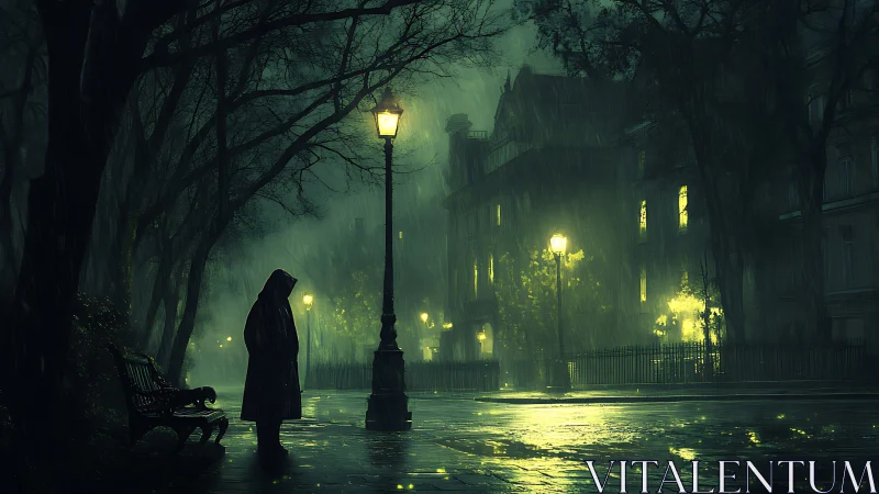 Solitary hooded figure under lamplight in rainy urban park night
