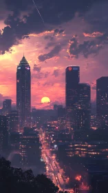 Sunset city skyline under glowing neon-lit clouds.