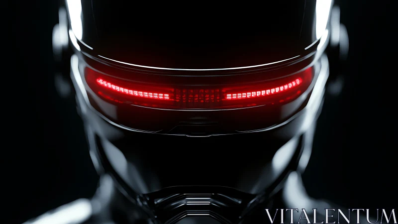 Futuristic black combat robot stares forward with red visor