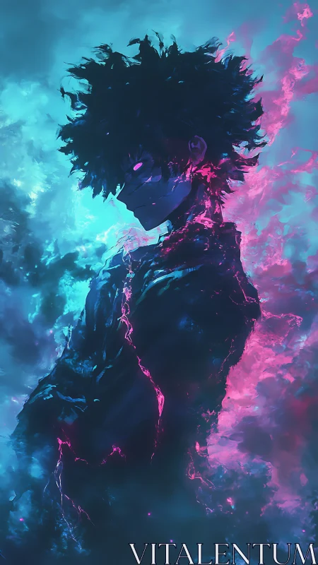 Neon-charged silhouette in cyan magenta storm glow.