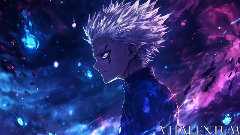 White haired anime boy stands in glowing blue purple energy field