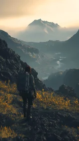 Lone hiker observing misty valley and distant mountain peak.