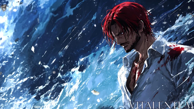Bloodied red haired swordsman against turbulent ocean spray