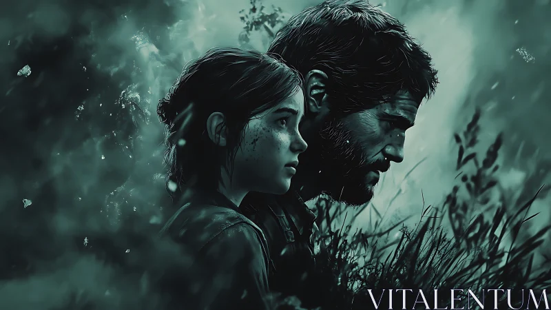 Profile view of two figures in dense atmospheric foliage.