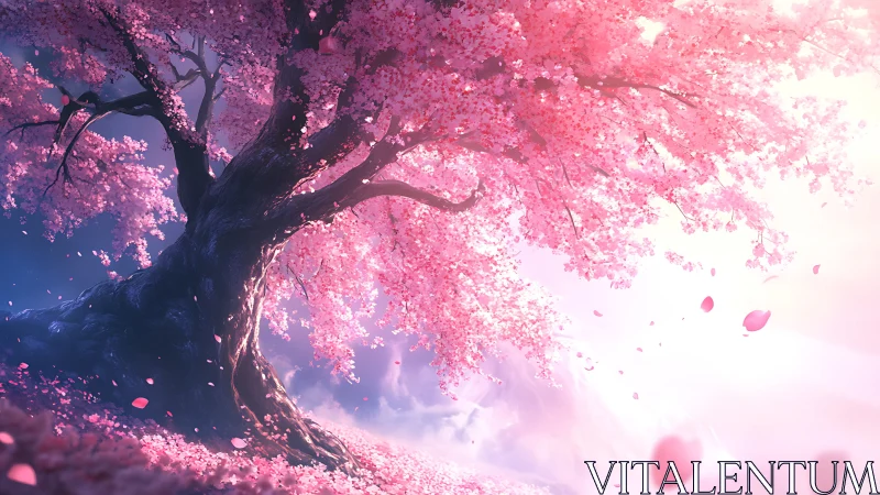 Digital painting of ethereal cherry tree with luminous petals.