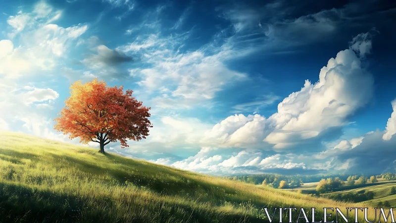 Solitary autumn tree crowns sunlit hillside beneath clouds