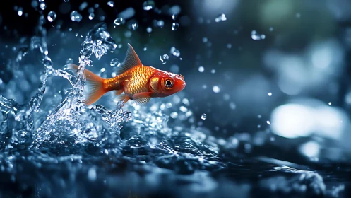 Vibrant goldfish leaps through shimmering midnight water