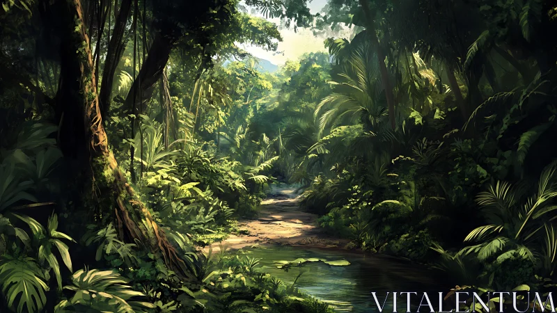 Dense rainforest pathway with stream and canopy vegetation.