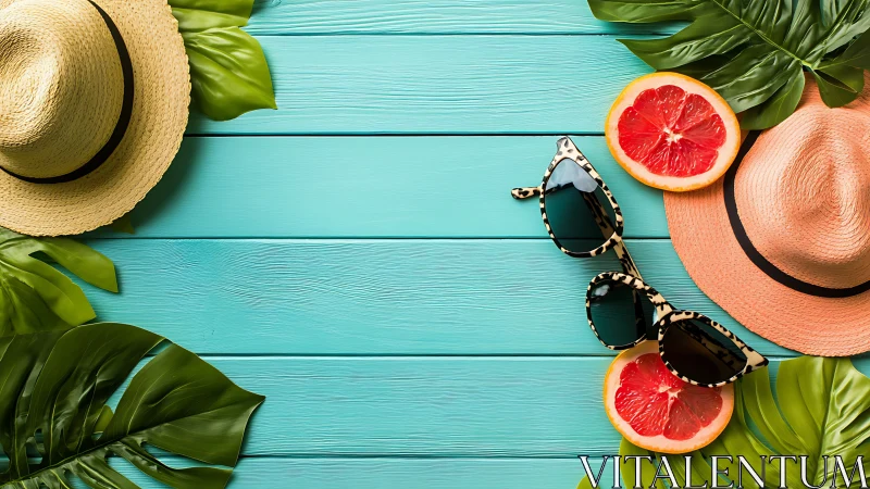 Tropical flat-lay with hats, citrus slices, and foliage alignment.