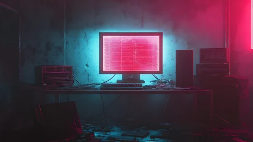Neon-lit retro workstation displays red terminal data in decayed room