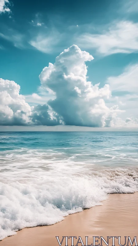 Towering cumulus clouds rise above tranquil turquoise shoreline