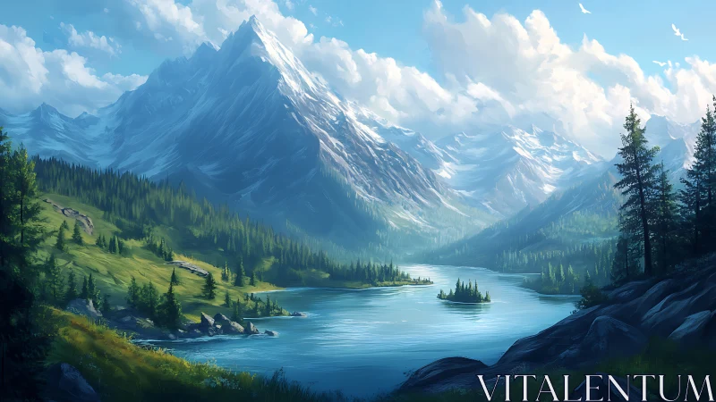 Snowcapped mountains above pine forest lake under daylight.