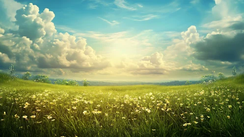 Wide grass field with wildflowers under cloudy blue sky.