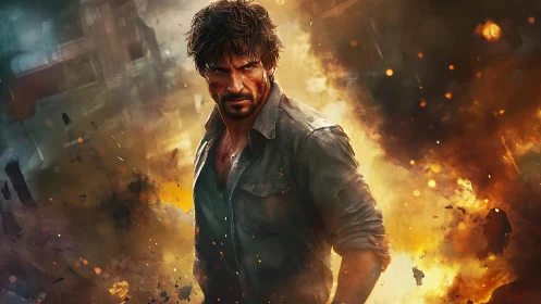 Battle-hardened survivor strides through blazing destruction.