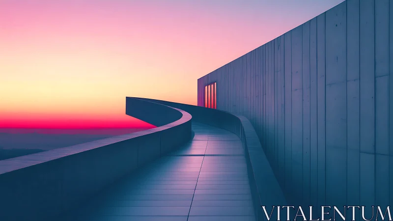 Curved minimal skywalk under neon gradient sunset glow.
