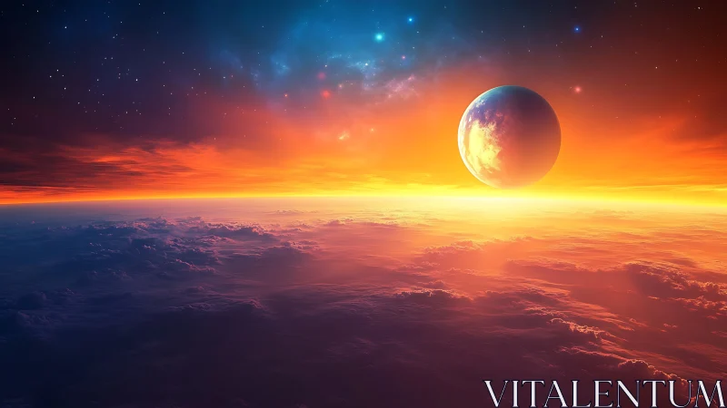 Alien planet rises over glowing cloud ocean at cosmic dawn