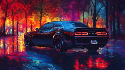 Midnight muscle car prowling a neon painted forest road.