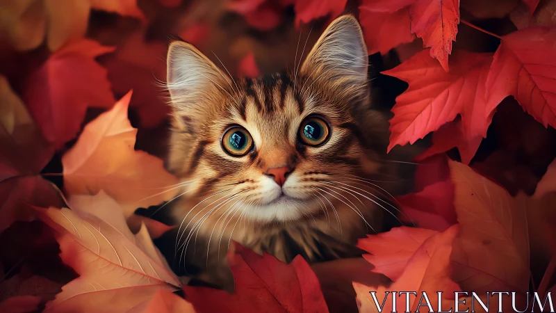 Tabby Cat Among Crimson Autumn Foliage.