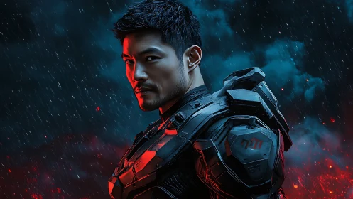Armored sci fi warrior under stormy neon sky.