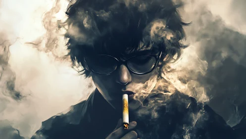 Moody smoker drifting in swirling clouds of shadowed smoke.