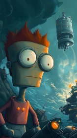 Wide-eyed robot surveys stormy industrial seascape in teal tones