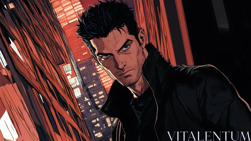 Brooding night hero stands confident between city towers