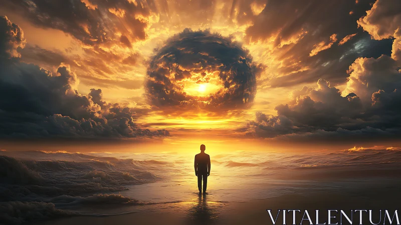 Silhouetted figure stands before circular sun portal at sea