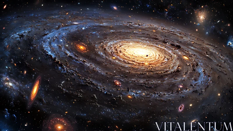 Spiral galaxy core amid dense starfields and glowing nebulae.