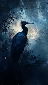 Nocturnal blue heron silhouette in misted moonlit foliage
