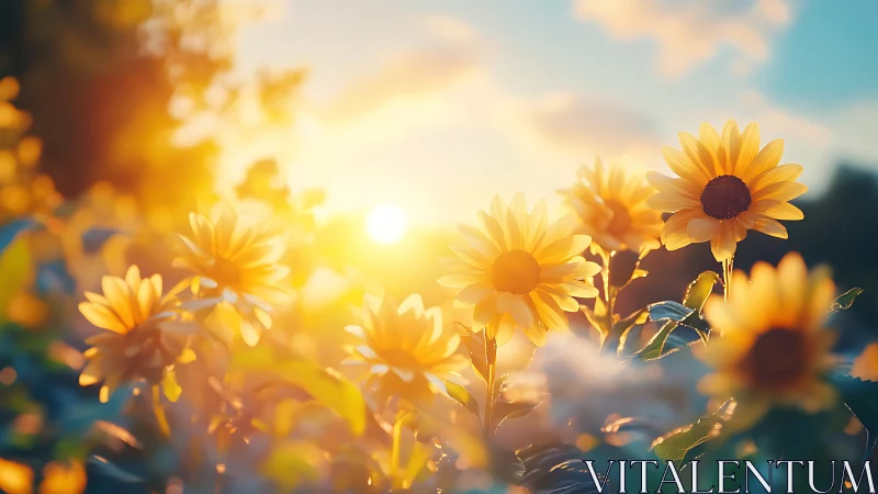 Golden sunflowers glow softly in a warm summer sunset field