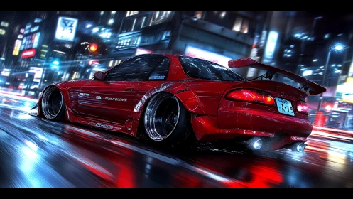 Modified red sports car moves through wet neon city street