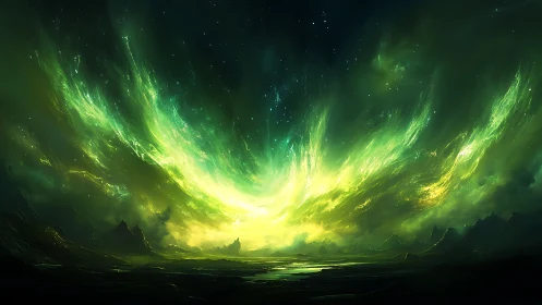 Emerald celestial storm over distant alien ridgescape.