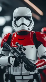 Crimson-armored space trooper guards a neon-lit corridor.